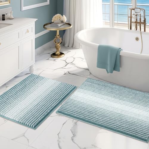 Bathroom Rugs and Mats Sets, 2 Piece Thick Absorbent Chenille Bath Mat Rug Set Non Slip, Soft Shaggy Bath Room Floor Mats for Bathroom, Machine Washable (Sea Green, 20" x 32" Plus 16" x 24") - color: Sea Green, size: 20" x 32" Plus 16" x 24"
