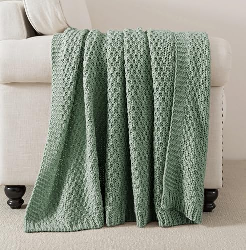 WDCOZY Chunky Cable Knit Throw Blanket Super Soft Warm Knitted Throw Blanket for Couch, Sofa, Chair, Bed Lightweight Breathable Cozy Comfortable Home Decorative Sage Green 60x80 Inches - color: Green, size: Twin (60" x 80")