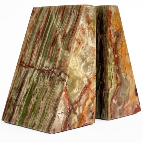 Ottimo Premium Polished Natural Marble bookends for use as Bookshelf Decor, Home, Office or Kitchen Shelves. Heavy, Triangular,and Modern Decorative Book Stopper with Anti-Slip Pads (Green Onyx) - color: Green Onyx