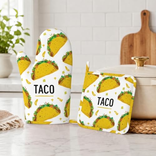 Taco Time Heat-Resistant Oven Mitts and Pot Holder Kitchen Non-Slip Silicone Cooking Microwave Gloves for Cooking Baking Grilling - color: Taco Time