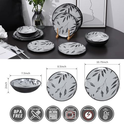 12pcs Dinnerware Set, Melamine Plates and Bowls Sets, Grey Leaves | Farmhouse Tableware Service for 4, Unbreakable Dinner Salad Dessert Plate, Cereal Bowl Set for Outdoor, Durable RV Dishes - color: Grey Leaves