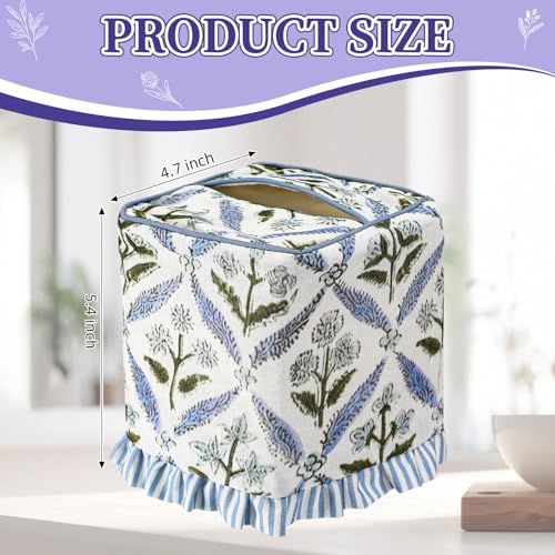 Blue Striped Ruffles Fabric Tissue Box Cover - Floral Print Tissue Box & Decorative Square Napkin Holder Handmade Cotton for Home Bedroom Vanity Countertop Night Stands Office - style: Striped Ruffles