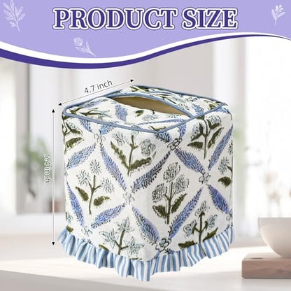 Blue Striped Ruffles Fabric Tissue Box Cover - Floral Print Tissue Box & Decorative Square Napkin Holder Handmade Cotton for Home Bedroom Vanity Countertop Night Stands Office - style: Striped Ruffles