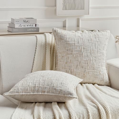 FUTEI Pack of 2 Tweed Chenille Throw Pillow Covers 24x24 Inch, Cream | Premium Chenille Front/ Smooth Velvet Back,Hidden Zipper,Machine Washable,Pilling-Resistant,Colorfast, Insert Not Included. - color: Cream, size: 24" x 24" (Pack of 2)