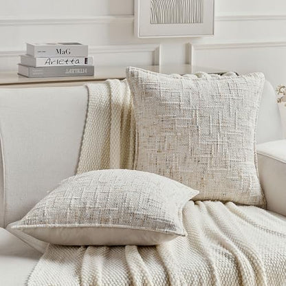 FUTEI Pack of 2 Tweed Chenille Throw Pillow Covers 16x16 Inch, Cream | Premium Chenille Front/ Smooth Velvet Back,Hidden Zipper,Machine Washable,Pilling-Resistant,Colorfast, Insert Not Included. - color: Cream, size: 16" x 16" (Pack of 2)