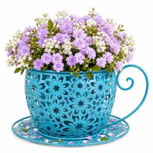 Coffee Cup Planter Pot Metal Teacup Flower Pot for Indoor Outdoor Garden Patio Decor, Vintage Hollow Floral Pattern with Saucer and Handle, Stable 10 Inch Wide Base, Blue - color: Blue