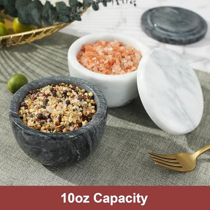 jalz jalz Black Marble Salt Cellar with Lid, Large 10oz Spice Keeper Pot with spoon - color: Black Cover Black Base