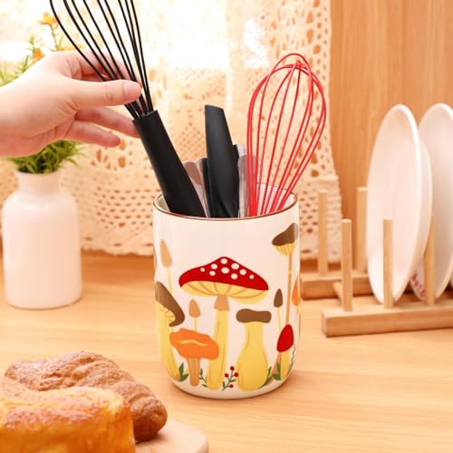 Nefelibata Mushroom Ceramic Utensil Holder Rustic Functional Utensil Crock | Kitchen Storage Decor Perfect for Storing Cooking Tools and Cutlery Keep Organized Large Crock for Countertops