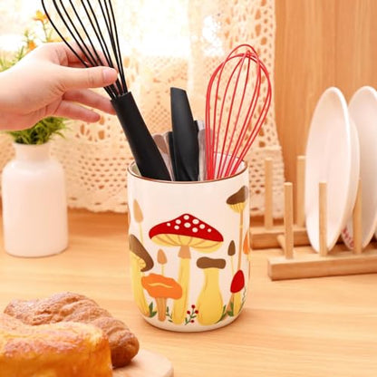 Nefelibata Mushroom Ceramic Utensil Holder Rustic Functional Utensil Crock | Kitchen Storage Decor Perfect for Storing Cooking Tools and Cutlery Keep Organized Large Crock for Countertops