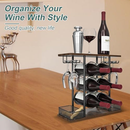 VyGrow Countertop Wine Rack, 3 Tier Wood & Metal Small Wine Rack Up to Hold 6 Bottles and 4 Glasses, Wine Bottle Holder for Home Bar Tabletop Kitchen Cabinet, 6.29" D x 16.14" W x 15.82" H