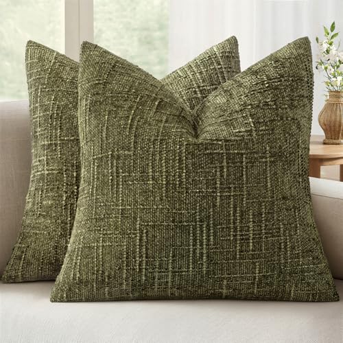 MIULEE Chenille Textured Throw Pillow Covers Olive Green 18x18 Set of 2 | Slubby Decorative Pillows, Boho Farmhouse Home Decor, Modern Neutral Cushion Covers for Couch Sofa Bed Living Room - color: Olive Green, size: 18" x 18" (Pack of 2)