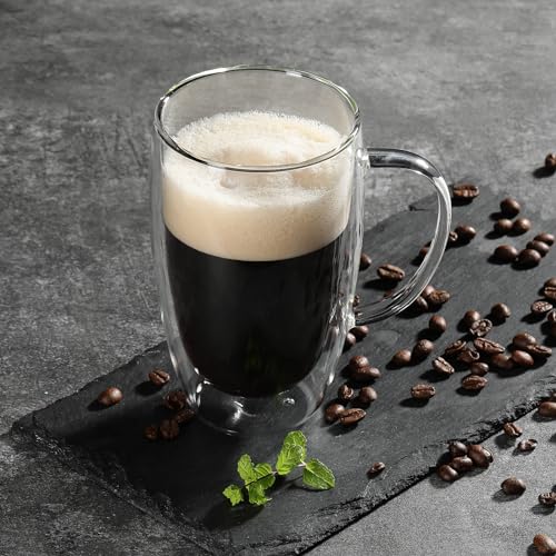 Aurzen 2 Pack Double Walled Glass Coffee Mugs with Handles, Large Insulated Layer Coffee Cups, 15oz Clear Borosilicate Mugs, Perfect for Cappuccino, Tea, Microwave Safe - color: 15oz-2Pack