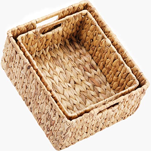 HOONEX Water Hyacinth Storage Baskets, Wicker Baskets for Organizing, Hand Woven Baskets with Carry Handles, Set of 2, Natural - color: Natural (Water Hyacinth), size: 15 x 12.8 x 7.5 inches