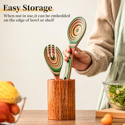 Gudamaye Pakkawood Wooden Salad Server Set,10.5 inch Salad Tongs for Serving including Salad Mixing Dinner Fork and Spoon,Long Handle Salad Server Set - color: Green