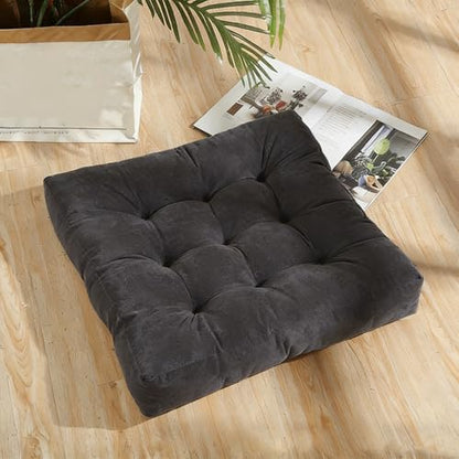 Square Floor Pillow Cushion, 22x22 Inch Meditation Pillow, Black | Thick Tufted, Soft Velvet Seat Cushion, for Yoga, Gaming, Reading, Living Room, Tatami, Chair - color: Black