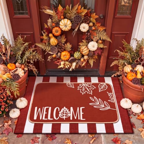 Tinideya 2 Pcs Fall Door Mat Outdoor Autumn Leaves Welcome Front Doormat Nonslip Rubber Linen Terracotta and White Entrance Rug Thanksgiving Decor for Front Porch Entryway, 16 x 28 Inch, 24 x 35 Inch - size: 16 x 28 Inch,24 x 35 Inch, style: Fall Leaves W