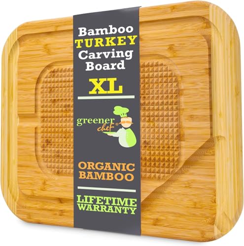 GREENER CHEF 18 Inch Extra Large Organic Turkey Carving Board with Lifetime Replacements - XL Wooden Butcher Block Meat Cutting Board with Pour Spout - Thanksgiving Cooking Essentials - size: 18"L x 13"W