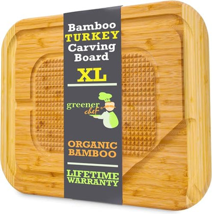 GREENER CHEF 18 Inch Extra Large Organic Turkey Carving Board with Lifetime Replacements - XL Wooden Butcher Block Meat Cutting Board with Pour Spout - Thanksgiving Cooking Essentials - size: 18"L x 13"W