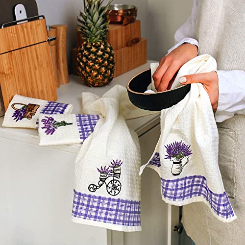 Lavien Home Cotton Kitchen Towels Set of 4 - Lavender Embroidered Tea Towels, Absorbent and Soft Waffle Weave with Plaid, 16x24 inches - color: Lavender Plaid
