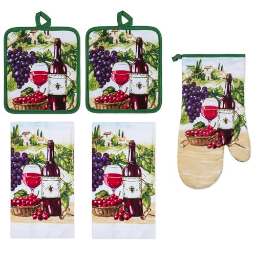 5 Piece Wine Printed Kitchen Linen Set, 2 Cotton Towels, 2 Potholders, 1 Oven Mitt with Hanging Loop, 100% Cotton Material on Front & Polyester Backing, Perfect Kitchen Accessory, Gift - color: Wine