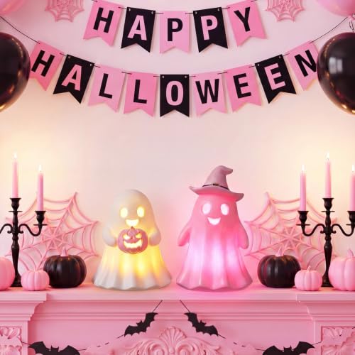 Fumete 2 Pcs Pink Ghost Halloween Decorations - Aesthetic Spooky Resin Light up Cute Ghost Couple with Witch Hat and Pumpkin, Halloween Indoor Figurines for Mantel, Shelf & Tabletop Home Party Decor - style: Pink Ghosts