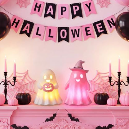 Fumete 2 Pcs Pink Ghost Halloween Decorations - Aesthetic Spooky Resin Light up Cute Ghost Couple with Witch Hat and Pumpkin, Halloween Indoor Figurines for Mantel, Shelf & Tabletop Home Party Decor - style: Pink Ghosts