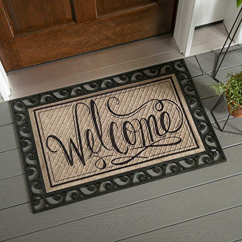Evergreen Flag Beautiful Black Cutout Scroll Embossed Durable Welcome Mat Tray - 36 x 24 Inches Fade and Weather Resistant Outdoor Doormat Tray for Homes, Yards and Gardens