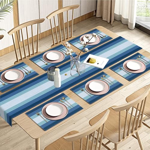 Emvency Table Runner and Placemats Set of 6, Abstract Geometric Navy | Blue Modern Gradient Art Dining Decor for Daily Use(1 Table Runner 72 inches Long and 6 Placemats) - color: Navy Blue Gradient