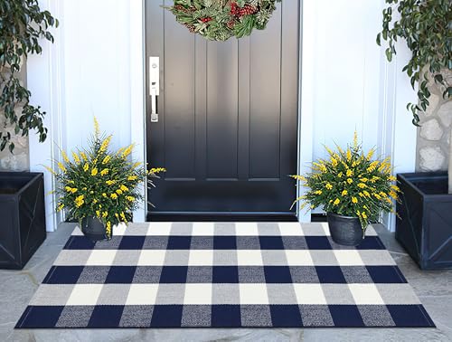 Blue and White Outdoor Rug 24"x51"Cotton Washable Outdoor Front Porch Mat | Hand-Woven Layered Doormat Farmhouse Entryway Rug For Front Hello/Welcome Mat Decor - color: Blue Buffalo, size: 24''x 51''