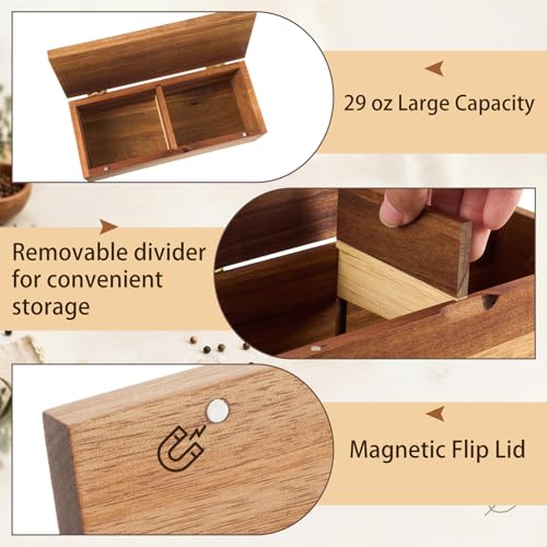 Acacia Wood Salt Cellar Spice Box with Magnetic Lid 29oz Large Capacity Salt Organizer 2 Compartments for Kitchen Countertop, Pepper, Seasonings, Spices, Grilling & Cooking - color: Acacia Wood, style: 2 Compartments