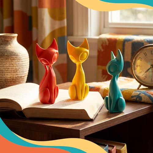 AceOrbit 3pcs Mid Century Modern Decor Medieval Table Decor Resin Cats Orange Blue and Yellow Resin Cats for Home Desktop Sculpture Office Table Desktop Bookshelf Mantelpiece Shelf Centerpiece - style: Cat
