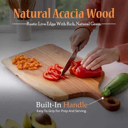 GoCraft Acacia Wood Live Edge Cutting Board – Rustic Handcrafted Charcuterie Board with Handle, Wooden Cheese Tray, Serving Platter, Chopping Block for Kitchen & Farmhouse Décor (Large) - size: 21"L x 12"W