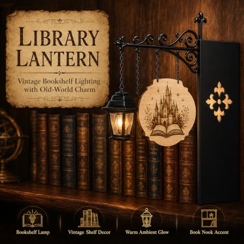 Personalized Genre Bookshelf Lamp with Warm Lantern | Custom Reading Nook Bookend Sign, Engraved Wooden, Book Lover Gift, Fantasy Library Decor