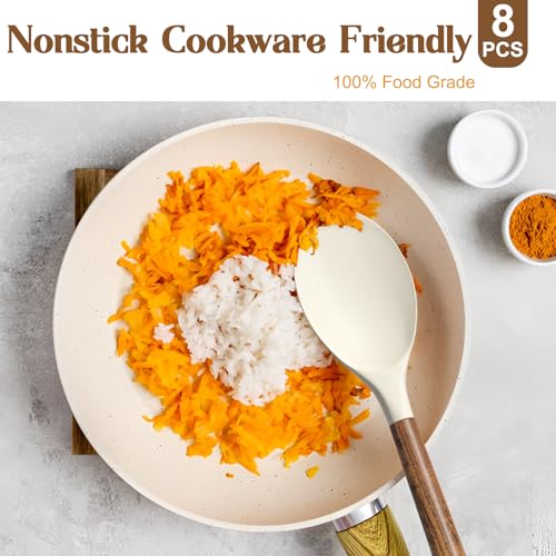 Non-Stick Silicone Kitchen Utensils Set with Natural Acacia Hard Wood Handle, Umite Chef 8 Pieces Kitchen Spatulas set, White, BPA Free, Baking, Serving and Cooking Utensils - color: White