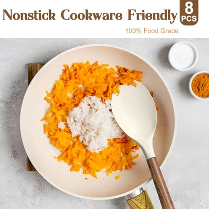 Non-Stick Silicone Kitchen Utensils Set with Natural Acacia Hard Wood Handle, Umite Chef 8 Pieces Kitchen Spatulas set, White, BPA Free, Baking, Serving and Cooking Utensils - color: White