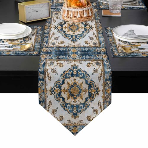 Vintage Style Floral Table Runner and Placemat Set Navy Blue Yellow Grey Geometric Patterns Set of 4 Table Decor Set for Dining Holiday Wedding Daily Use 70 X 13 Inch - size: 70'' x 13''+4 PCS 13' 'x 19''