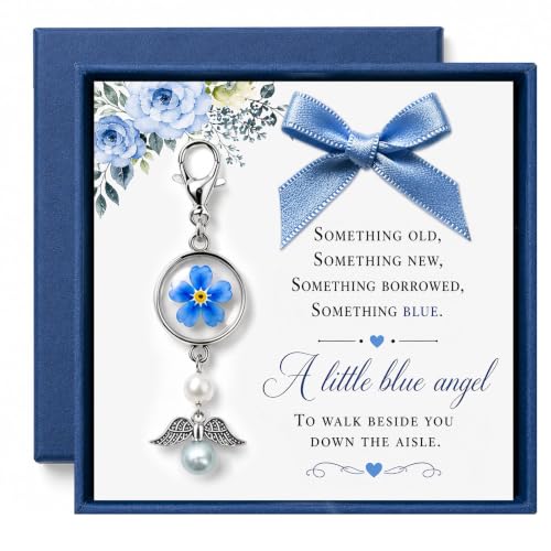 OFlyDesigns Wedding Memorial Gift for Bride,Something Blue Gift with Blue Dragonfly,Forget me not and Cardinal for Bridal Bouquet, Remembering Mom or Dad, Guardian Angel Wedding Keepsake - color: Forget me not