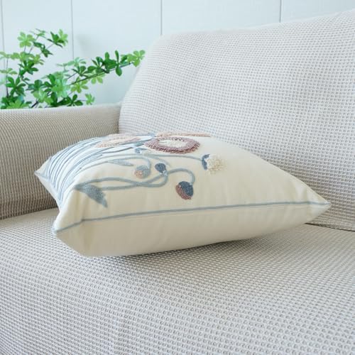 vctops Floral Embroidered Pillow Covers 18x18 Inch Spring Summer Cotton Tufted Throw Pillow Cover Outdoor Garden Cushion Case for Sofa, Bed, Living Room (Flower C,18"x18") - color: Flower C