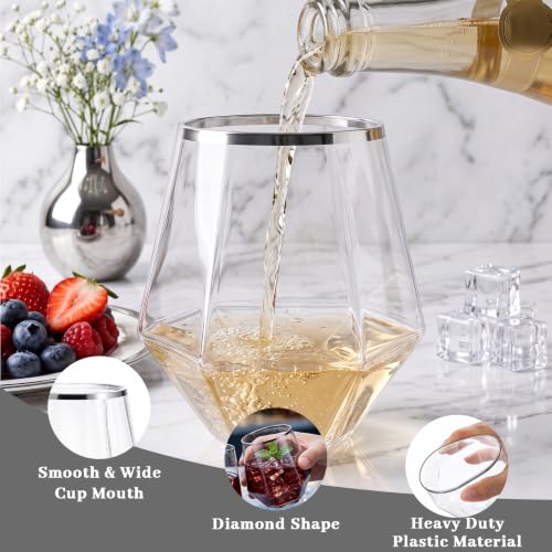 LUODA 32 Pack Silver Plastic Wine Glasses,12 Oz Disposable Whiskey Glasses | MirthMood Silver Stemless Diamond Shaped Wine Glasses For Serving Wine, Cocktail, Whiskey,Wedding - color: Silver, size: 32 Count