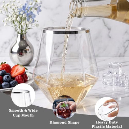 LUODA 32 Pack Silver Plastic Wine Glasses,12 Oz Disposable Whiskey Glasses | MirthMood Silver Stemless Diamond Shaped Wine Glasses For Serving Wine, Cocktail, Whiskey,Wedding - color: Silver, size: 32 Count