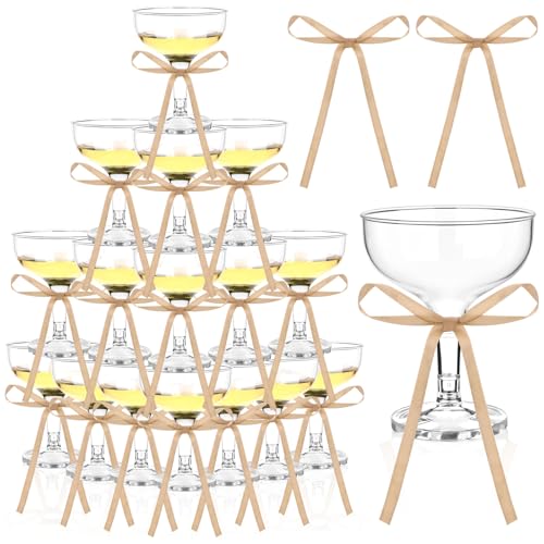 50 Sets Martini Glasses 5 oz Champagne Coupe Glasses 5 oz with Brown Bow | Plastic Champagne Tower Cups Cocktail Glasswares Bulk for A Tini Bit Older Wedding Bar Bachelorette Birthday Party Supplies - color: Brown