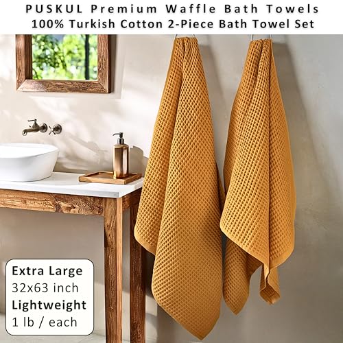 PÜSKÜL 2-Piece Natural 100% Turkish Cotton Waffle Bath Towels Extra-Large | Mustard, 32x63" Bath Sheet Towel, Light Soft Absorbent Quick-Dry Lint-Free Premium Honeycomb Weave Oeko-Tex Made in Turkiye - color: Mustrad Yellow