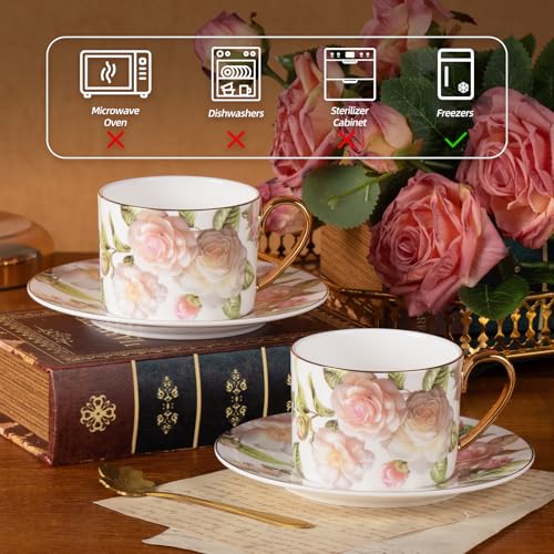 KAMMAK Tea Cups and Saucers Set of 2, Porcelain Coffee Cups, JBE027 | Stackable Espresso Mugs, Ceramic Demitasse for Coffee, Cappuccino, Latte, Americano, Tea - size: 8CZJBE027