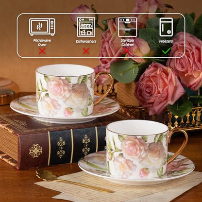 KAMMAK Tea Cups and Saucers Set of 2, Porcelain Coffee Cups, JBE027 | Stackable Espresso Mugs, Ceramic Demitasse for Coffee, Cappuccino, Latte, Americano, Tea - size: 8CZJBE027