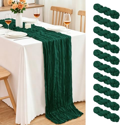 10 Pack Dark Green Cheesecloth Table Runner, 17x108 Inch Semi Sheer Boho Gauze Cheese Cloth Fabric Table Runners for Wedding Party Baby Shower Birthday Garden Farmhouse Table Decor - color: Dark Green, size: 10 Pack