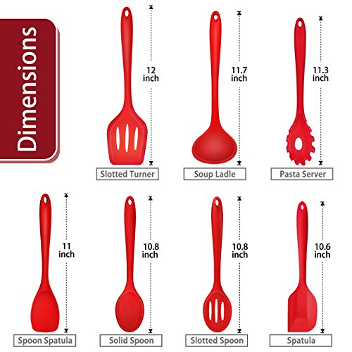 P&P CHEF Red Kitchen Utensils, Silicone Cooking Utensil Set of 7 | Soft Spatula for Nonstick Cookware, Slotted Turner, Soup Ladle, Pasta Server, Spoon for Cooking, Dishwasher Safe & Heat Proof - color: Red