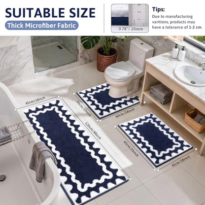 Findosom Bathroom Rugs Sets 3 Piece, Absorbent Soft Non-Slip Bath Rug Set | Washable Microfiber Shaggy Scalloped Bath Mat Set with Bathroom Runner Rug, U-Shaped Toilet Rugs, Shower Rug, Navy - color: Navy & White, size: 18"x26"+18"x48"+U 20"x24"