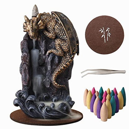 Dragon Backflow Incense Holder Waterfall Incense Burner, with 100 Backflow Incense Cones,1 Mat,1 Tweezers，Aromatherapy Ornamental for Home Office Yoga （Golden Dragon） - color: Golden