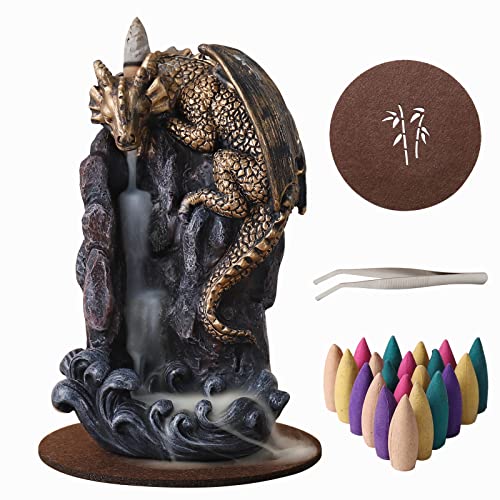 Dragon Backflow Incense Holder Waterfall Incense Burner, with 100 Backflow Incense Cones,1 Mat,1 Tweezers，Aromatherapy Ornamental for Home Office Yoga （Golden Dragon） - color: Golden