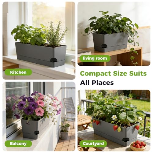 2 Pack Rectangle Self Watering Pots for Indoor Plants 17 Inches Window Boxes Planters Rectangular Flower Pots Herb Large Plant Pots with Drainage Holes and Saucers Windowsill Planter, Grey - color: Gray